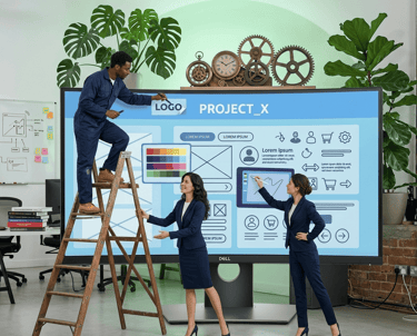 Creative team collaborating on website UI design using a large Dell interactive touchscreen monitor.