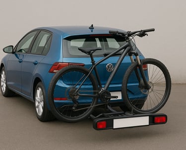 Towbar mounted bike rack fitted to blue Volkswagen car carrying two bicycles for travel.