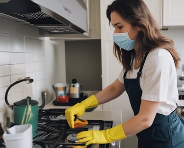 a woman in a mask and gloves cleaning a stove