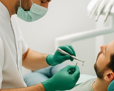 Dentiste à Marrakech posant un implant dentaire sur un patient assis dans un fauteuil moderne, instr