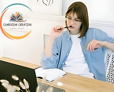a woman sitting at a desk with a pen and a pen