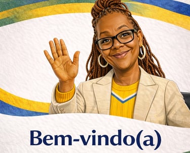 A smiling Black woman with braids waving next to the Portuguese welcome text Bem-vindo(a).