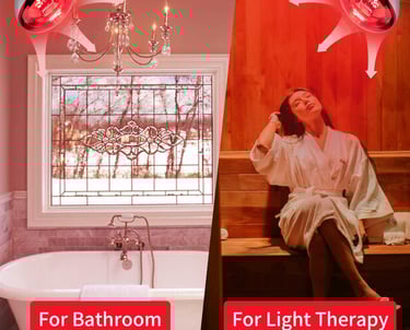 a woman in a bathrobe with a light bulb and a light bulb on
