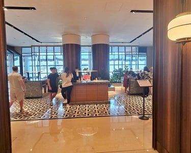 Singapore hotel lobby with modern design and check-in counters