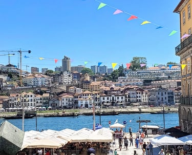 Colorful houses along the Douro River in Porto, Portugal, with reflections on the blue water and his