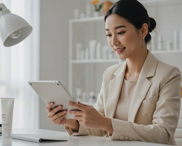 a woman in a suit and a tablet computer