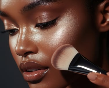 a woman with a makeup brush her hand