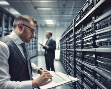 A modern workspace with a focus on technology. In the foreground, there is a black laptop with a distinctive logo placed on a table beside a smartphone propped on a stand. A man is sitting in the background, also using a similar laptop. The setting is minimalistic with a combination of white furniture and a textured brick wall.