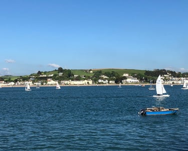 a boat sailing on the water with a view of a city