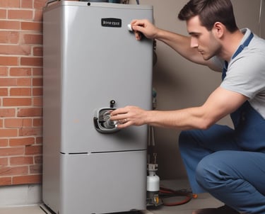 A close-up of a white appliance with a glowing orange indicator light next to a switch marked with 'I' and 'O'. The appliance is situated on a metallic surface.