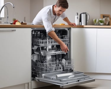 A store display with various home appliances, including vacuum cleaners and irons. The display includes several stacked boxes and products placed on shelves as well as a large digital sign displaying an advertisement. The store is well-lit with a clean, organized layout and there are people in the background near the entrance.