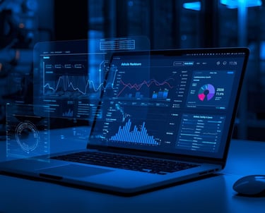 Laptop showing AI copywriting interface illustration on a clean desk.