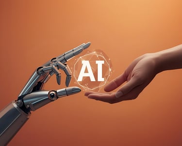 Robotic and human hand reaching toward an abstract crystal AI motif on orange gradient.