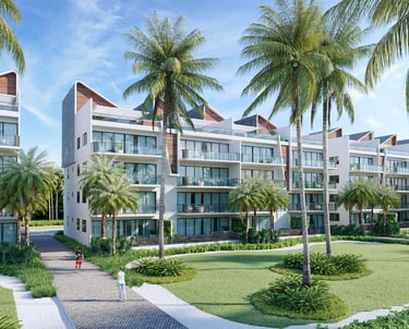 a large apartment complex with a lawn and palm trees