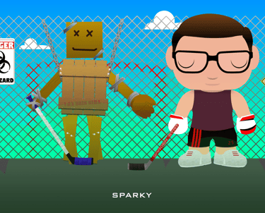 An adorable man stands in a biohazard area playing street hockey.