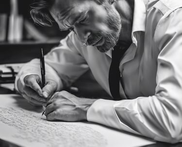 man writing on paper