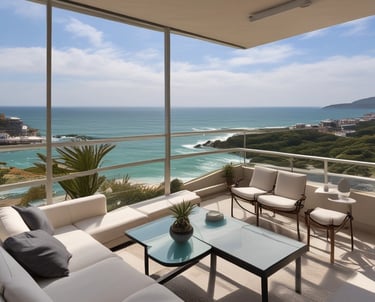 A modern coastal villa with large windows overlooking the ocean.