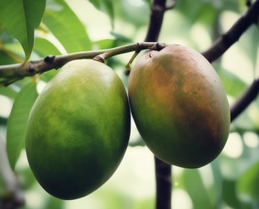 A close-up of fresh mangoes arranged in a basket.