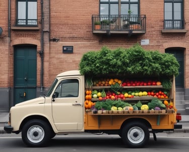 A delivery truck loaded with fresh fruits and vegetables on the road.