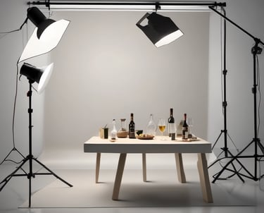 A person is leaning forward, focusing on taking a photo with a camera. The setup includes a table with a drink in a glass, a plate with food, and a lit candle, suggesting a food or product photography session. The scene is illuminated with professional lighting equipment, and there is a soft, natural light coming through a window.