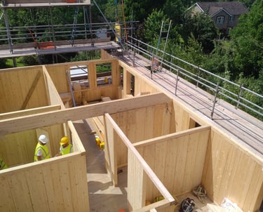 Structural timber building in HBE house building elements