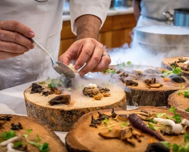 Culinary dish made by top chef, a wooden plate with all type of veggies mushrooms carrots steamed 