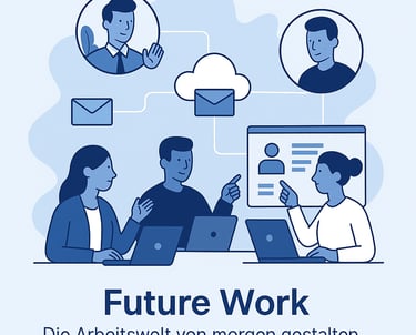 Illustration Future Work – Team arbeitet digital vernetzt mit Cloud und hybriden Tools