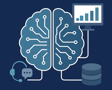 Grafik Künstliche Intelligenz – digitale Gehirnstruktur mit Daten, Chatbot und Analytics