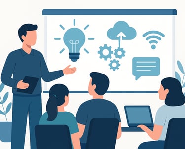 Illustration Schulung – Dozent erklärt Digitalisierung und Automatisierung in Workshop