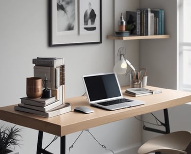 A stack of contemporary books on a wooden table with a cozy reading nook in the background.