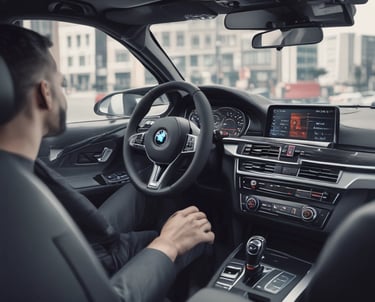 Close-up of a sleek car dashboard with illuminated digital controls.