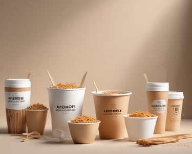 A biodegradable paper cup with a lid is positioned against a dark background, showcasing a label with elegant typography.