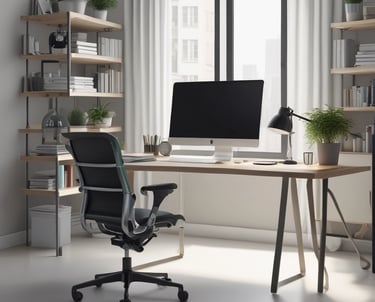 Two people in lab coats collaborate in an office setting. One is seated and pointing at a computer screen displaying medical images, while the other stands nearby holding a tablet. Large windows reveal a view of greenery outside, creating a bright and professional environment.