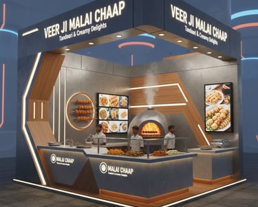 a booth with a pizza oven and a pizza oven