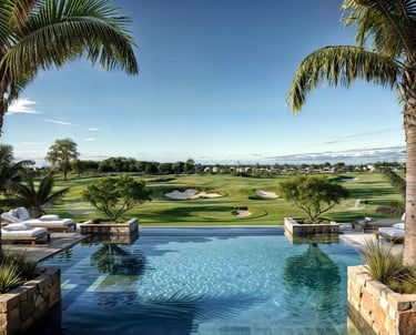 A luxurious residential area featuring a villa with a tile roof surrounded by palm trees and lush la