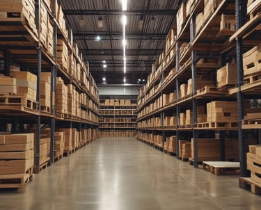 A warehouse with tall, orange metal shelving units filled with pallets wrapped in plastic. The floor is concrete, and overhead industrial lighting illuminates the space. The shelving reaches up to the ceiling, maximizing storage capacity with numerous boxes and items stacked neatly.