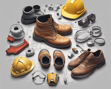 Close-up of various safety helmets and protective gear arranged neatly on a table.