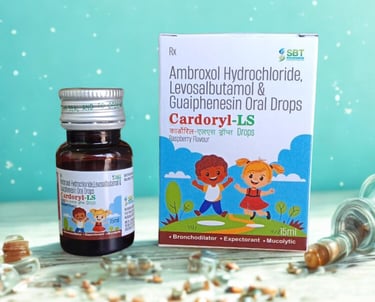 Cardoryl-LS drops bottle and packaging with Ambroxol, Levosalbutamol and Guaiphenesin