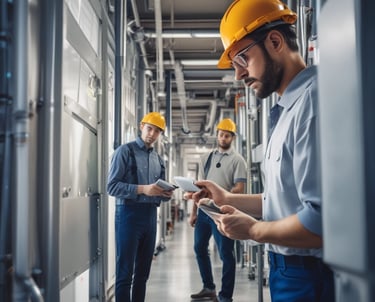 A technician working on an HVAC system in a modern building.