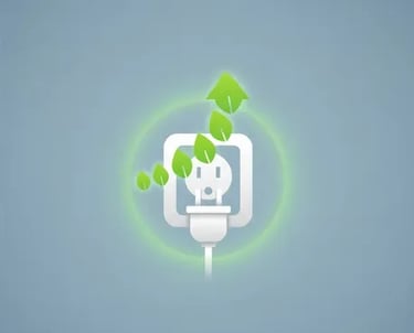 Fondo azul con la figura de una conexión en color blanco con un símbolo de ahorro en color verde den