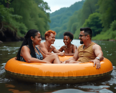 amigos disfrutando del tubing por el río palomino