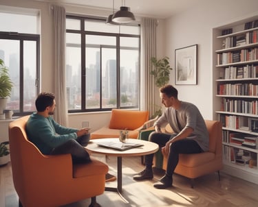 An old wooden house with a brown tiled roof stands in front of two modern high-rise apartment buildings. The house has a weathered appearance with a small window, and there is a 'for sale' sign on the side. The modern buildings behind are much taller, with multiple balconies and windows. The sky is a clear blue.