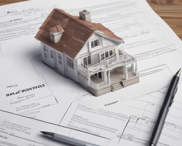 A residential street lined with brick houses stretches into the distance under a partly cloudy sky. A large tree without leaves stands tall on the right side, casting long shadows on the wet pavement. For sale signs are visible in front of the houses, indicating real estate activity. The sunlight filters through the branches, creating a serene atmosphere.