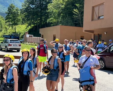 Guests walking towards the Neretva rafting launch point for an exciting adventure