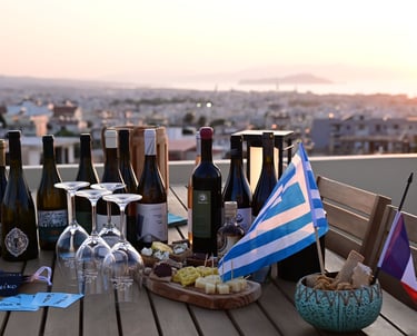 Greek wine bottles on a rooftop in chania