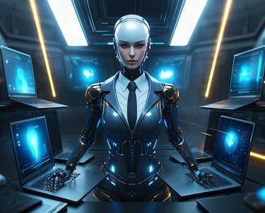 ai female robot business suit surrounded by several laptops 