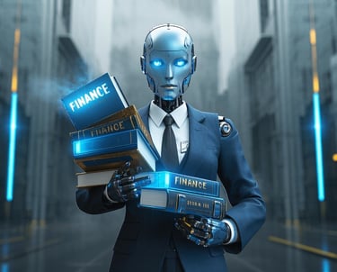 ai female robot business suit holding several books in finance