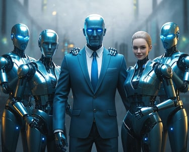 group of ai male and female robots business suits standing together supportive of each other  