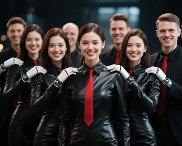 a group of people in black leather suits red ties standing together as a unified group