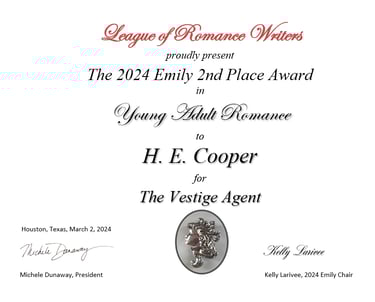 League of Romance Writers presents The Emily Award for 2nd place - official signed award